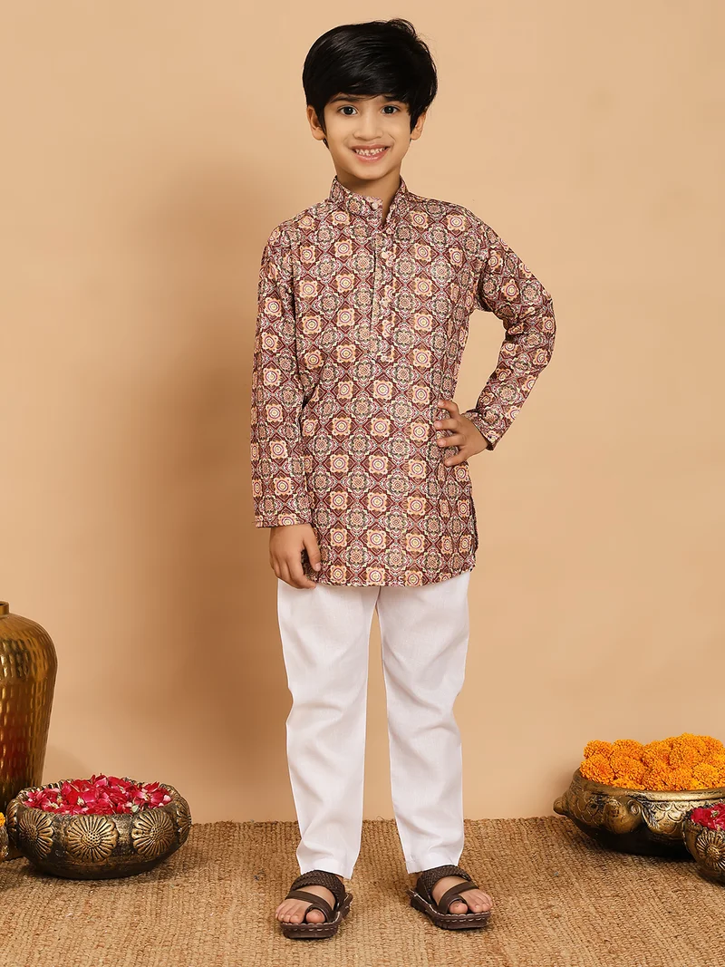 BT DEZINES Boys Brown Rayon Floral Print Kurta & Pyjama Set